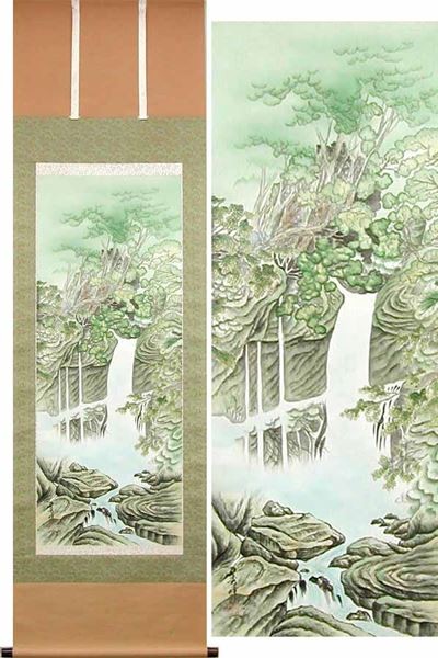 掛け軸 青緑滝山水 （平野秀峰） 【掛軸】【一間床・半間床】【山水