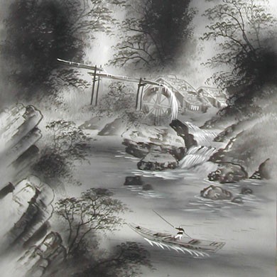 掛け軸 水墨山水 （鈴木竹甫） （掛軸小物なし） 【掛軸】の説明