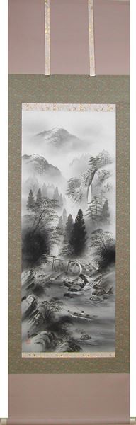掛け軸 水墨山水 （鈴木竹甫） （掛軸小物なし） 【掛軸】の説明