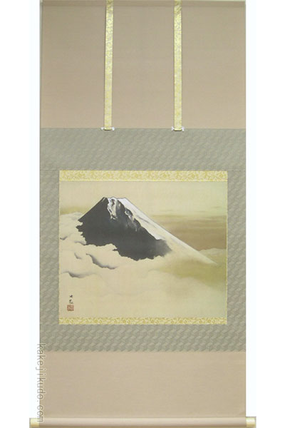 西陣織掛け軸　金富士　横山大観デザイン　38万の品と　双鶴掛け軸　2点で 横山大観 掛け軸 富士霊峰 【掛軸】【海・山】【一間床】【丈の短い