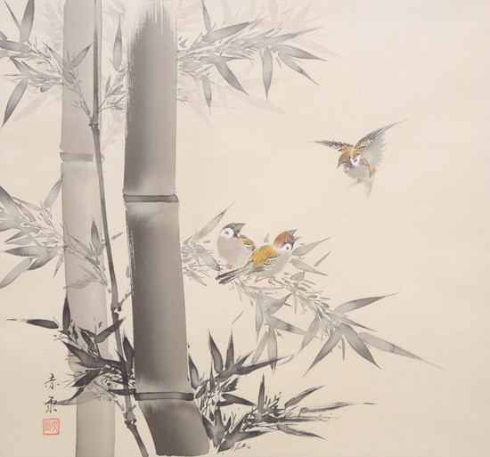 掛け軸 竹に雀 (山口赤雨) 【掛軸】【一間床】【丈の短い掛軸】【花鳥
