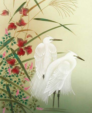 掛け軸 月下白鷺図 (葛谷聖山) 【掛軸】【一間床・半間床】【秋】の