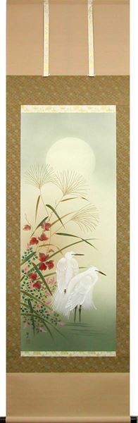 掛け軸 月下白鷺図 (葛谷聖山) 【掛軸】【一間床・半間床】【秋】の