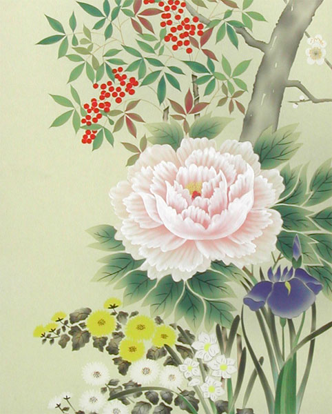 真作/誠/四季草花/桐共箱付/布袋屋掛軸HC-400 掛け軸 四季草花 （横山香秋） 【掛軸】【一間床・半間床】【花鳥画