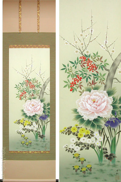 掛け軸 四季草花 （横山香秋） （掛軸小物なし） 【掛軸】の説明
