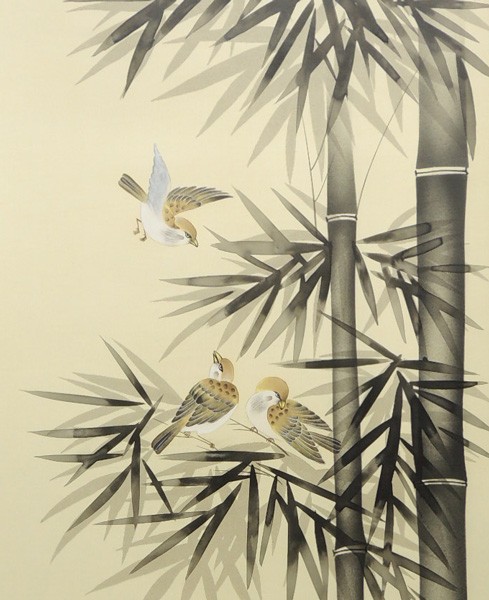 掛け軸 遊雀と竹 （中村梅石） 【掛軸】【一間床・半間床】【花鳥画