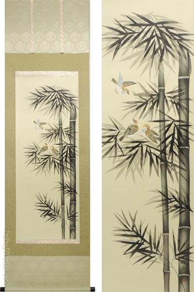 掛け軸 遊雀と竹 （中村梅石） 【掛軸】【一間床・半間床】【花鳥画