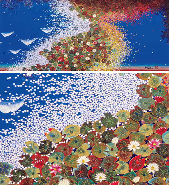 平松礼二 絵画 色彩のカルテット-睡蓮 【複製】【美術印刷】【巨匠