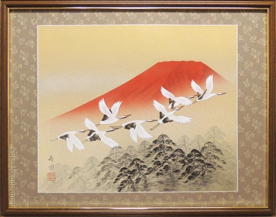 絵画 日本画 赤富士群鶴 (山岸春園) 【肉筆】【日本画】【富士】【10号