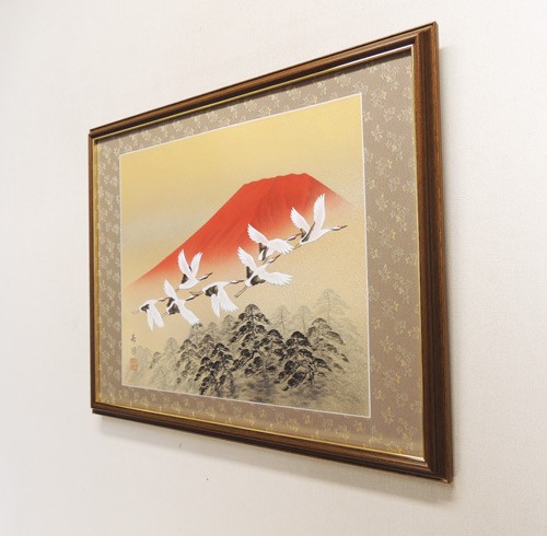 絵画 日本画 赤富士群鶴 (山岸春園) 【肉筆】【日本画】【富士】【10号