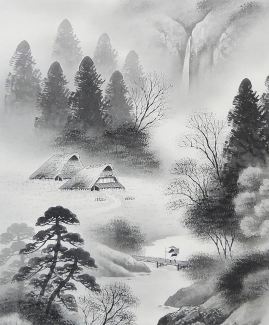 掛け軸 水墨山水 （三浦光陽） （掛軸小物なし） 【掛軸】の説明