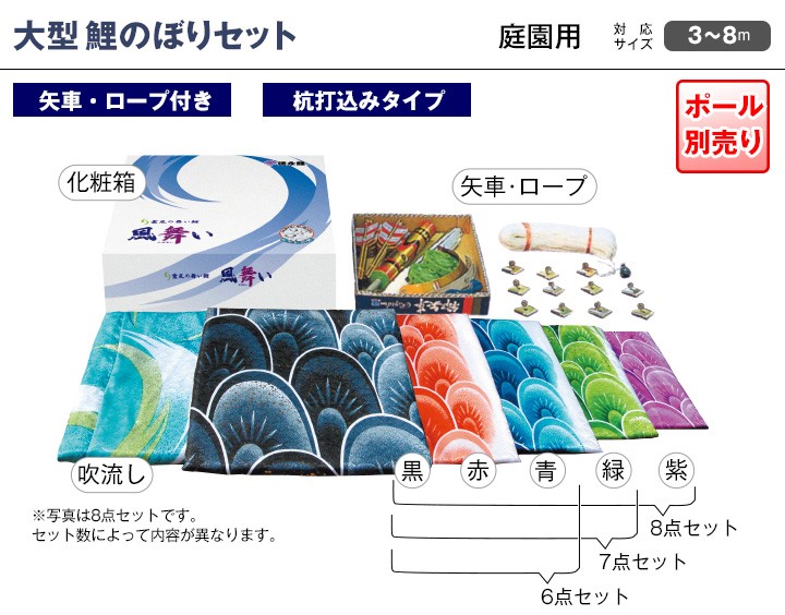 こいのぼり 庭 庭園用 徳永 鯉のぼり 家紋 名前入可能 セット各種 ポール別売 風舞いセット 7m6点セット 薫風の舞い鯉 風舞い ガーデン用 撥水加工鯉 ポリエステルジャガード織生地 オシャレ