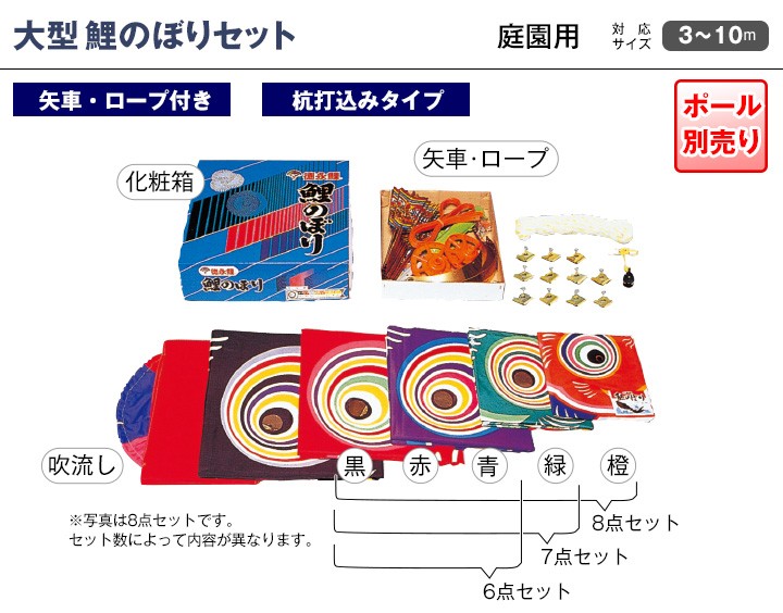 ショップショップこいのぼり 庭園用 徳永 鯉幟 セット各種（ポール別売） 友禅鯉セット 9m8点セット 「友禅鯉」 鯉のぼり