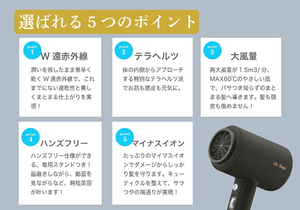 KAZE nice Dryer Premium ドライヤー 速乾 大風量 マイナスイオン 軽い 熱くない 安全 美髪 テラヘルツ 遠赤外線 スタンド  置き型 ハンズフリー 子供 ギフト