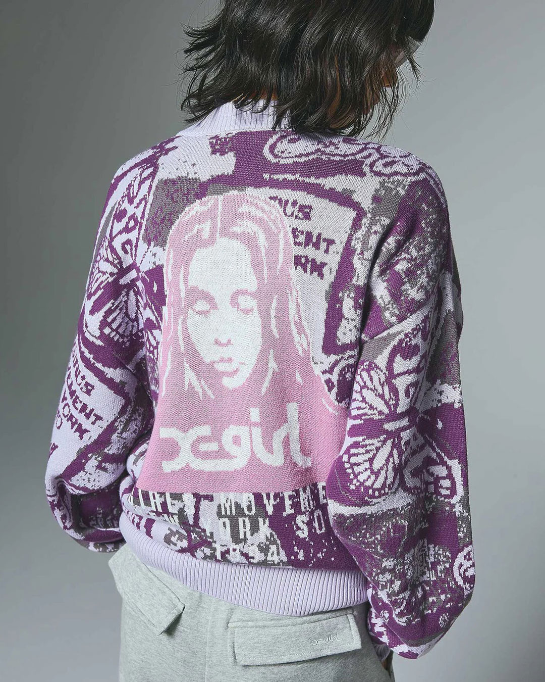 X-girl（エックスガール） カーディガン FCOLLAGE GRAPHIC JACQUARD