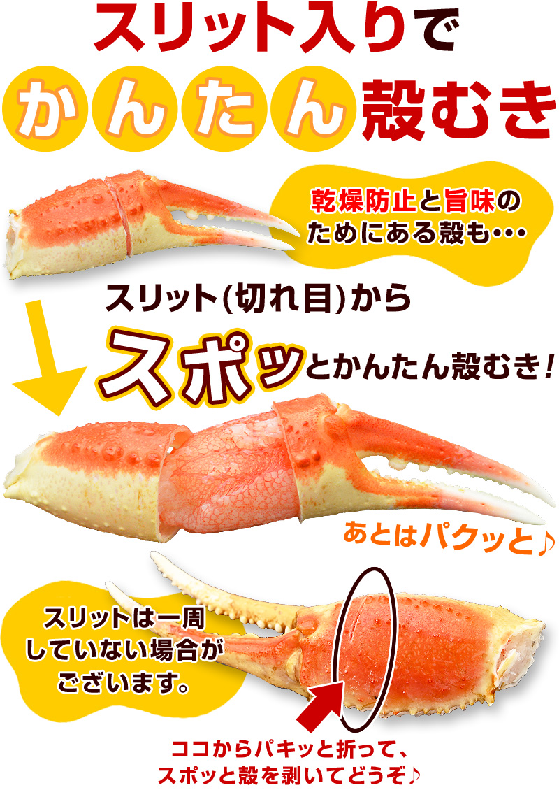 乾燥防止と旨味のためにある殻もスリット(切れ目)からスポッとかんたん殻むき!あとはパクッと♪スリットは一周していない場合がございます。