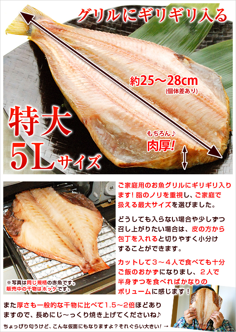 グリルにギリギリ入る特大5Lサイズのしまほっけ干物！ご家庭用のお魚グリルにギリギリ入ります！脂のノリを重視し、ご家庭で扱える最大サイズを選びました。どうしても入らない場合や少しずつ召し上がりたい場合は、皮の方から包丁を入れると切りやすく小分けすることができます。カットして３〜４人で食べても十分ご飯のおかずになりまし、２人で半身ずつを食べればかなりのボリュームに感じます！また厚さも一般的な干物に比べて1.5から2倍ほどありますので、長めにじっくり焼き上げてくださいね♪