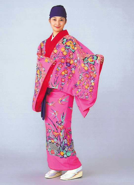 琉球 舞踊 衣装 黄色 菖蒲 沖縄 民謡 紅型 打掛 洗える着物 踊り衣裳