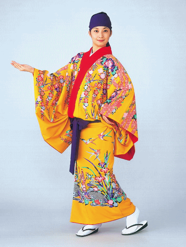 琉球 舞踊 衣装 黄色 菖蒲 沖縄 民謡 紅型 打掛 洗える着物 踊り衣裳
