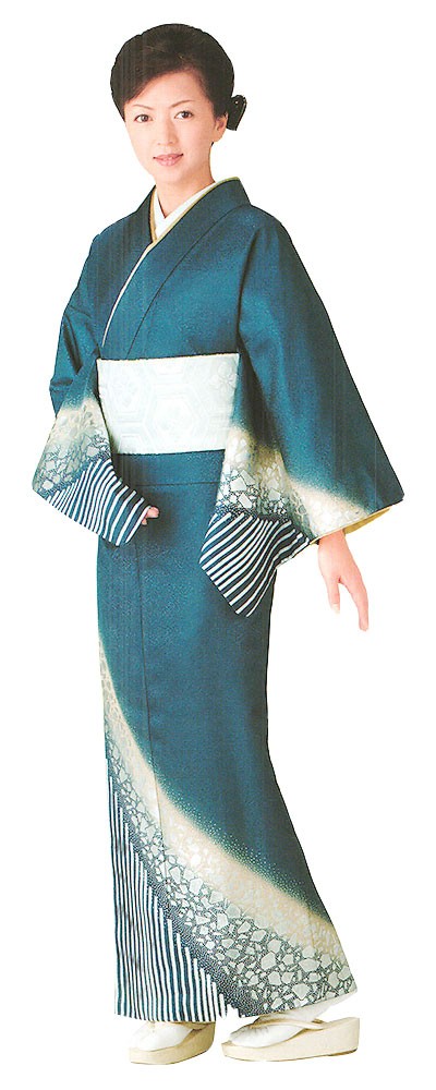 訪問着 女性 プレタ 踊り 絵羽 洗える着物 藍色 棒縞 霰