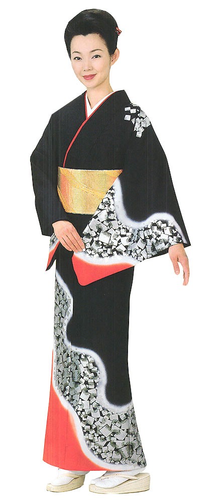 訪問着 女性 プレタ 踊り 絵羽 洗える着物 黒地 箔紙ちらし : カメヤ