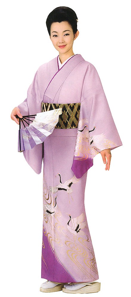 訪問着 女性 プレタ 踊り 絵羽 洗える着物 紅藤 丹頂鶴 : カメヤ