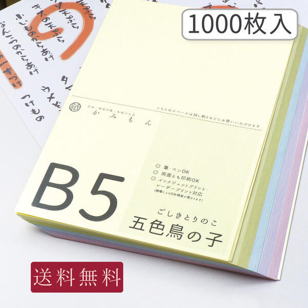 和紙のコピー用紙 B5サイズ 五色鳥の子紙 1000枚入り 5色×200枚 25.7×18.2(cm) 送料無料 :co-b5-go1000:京都かみもん  色紙・御朱印帳の匠 - 通販 - Yahoo!ショッピング