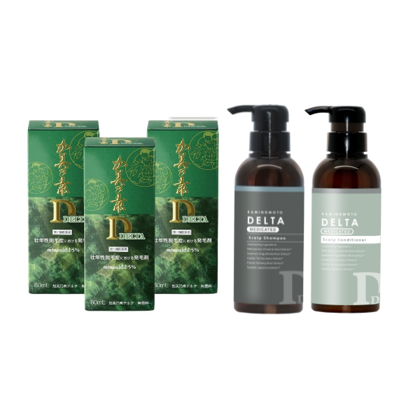 ミノキシジル5％ 発毛剤 加美乃素 デルタ60ｍL(第1類医薬品)×3本+デルタ薬用シャンプー(300mL) 1本&デルタ薬用コンディショナー(300mL) 1本