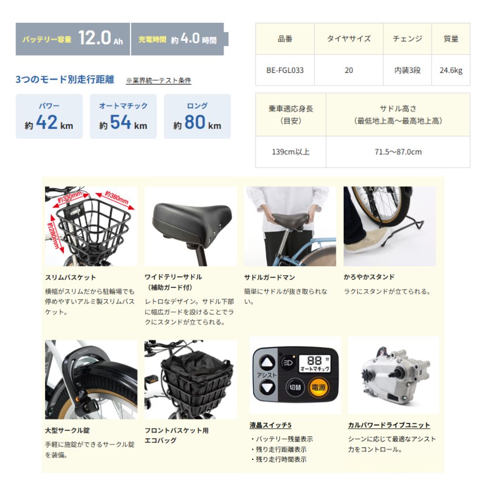 パナソニック 電動アシスト自転車 グリッター BE-FGL033 20インチ 小径