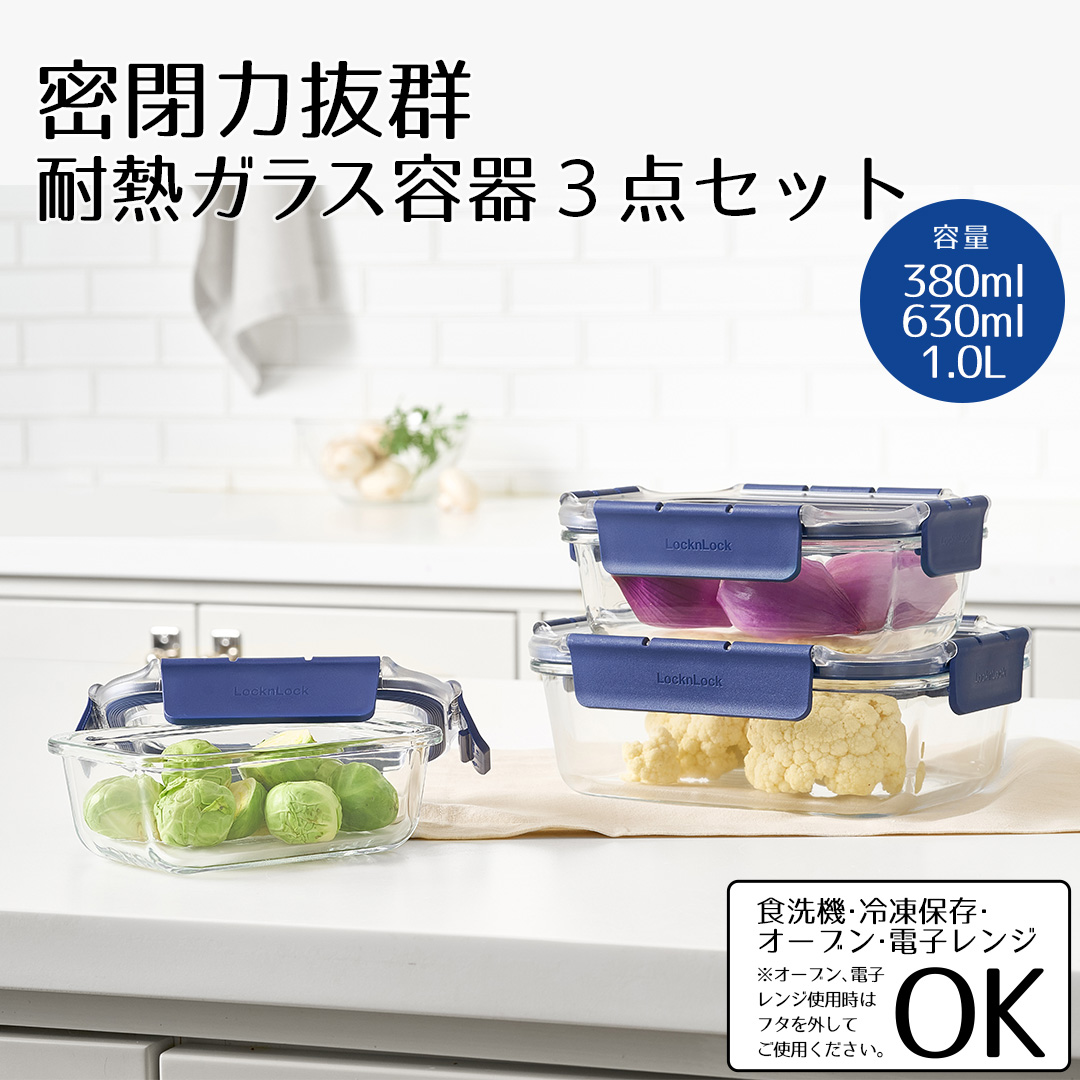 保存容器 3点セット 380ml 630ml 1L 電子レンジ 食洗機対応 ロック