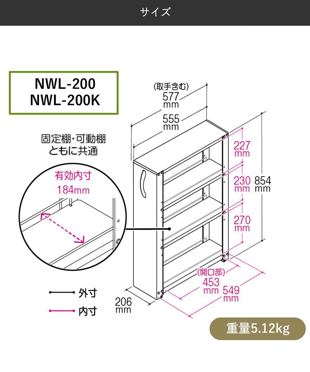 トールワゴン ロータイプ 幅20cm ブラック NWL-200K 田窪工業所