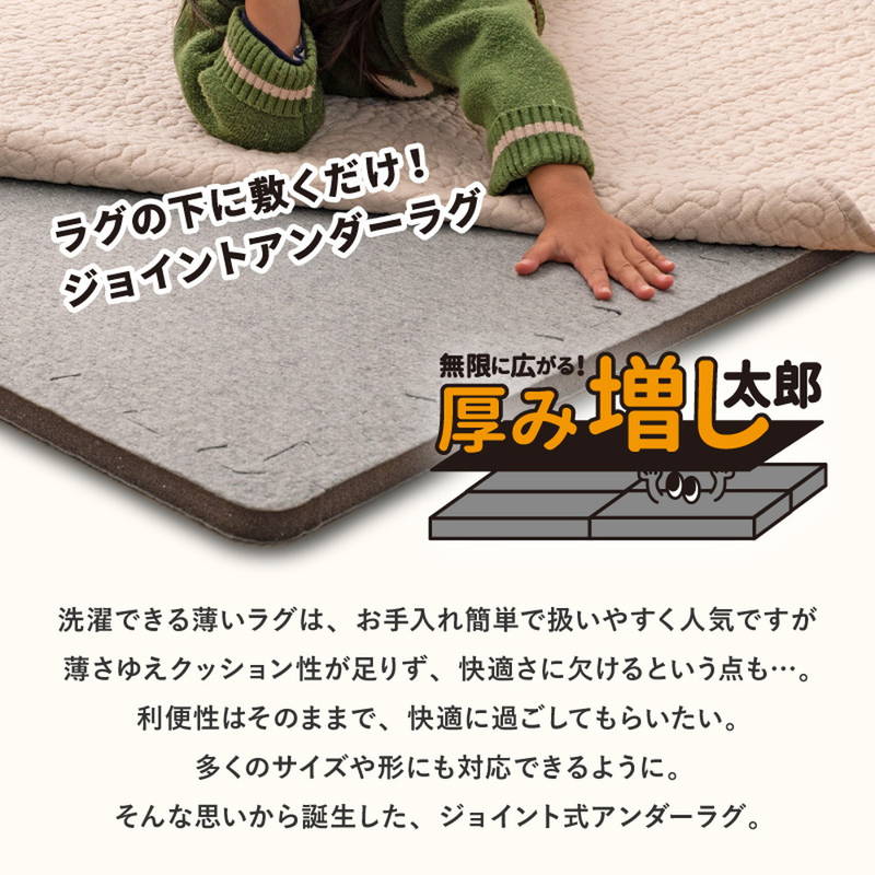 ラグ 下敷き 厚手 ジョイントアンダーラグ 厚み増し太郎 アツマシ 61x61cm 9枚セット サイドパーツ付きの画像
