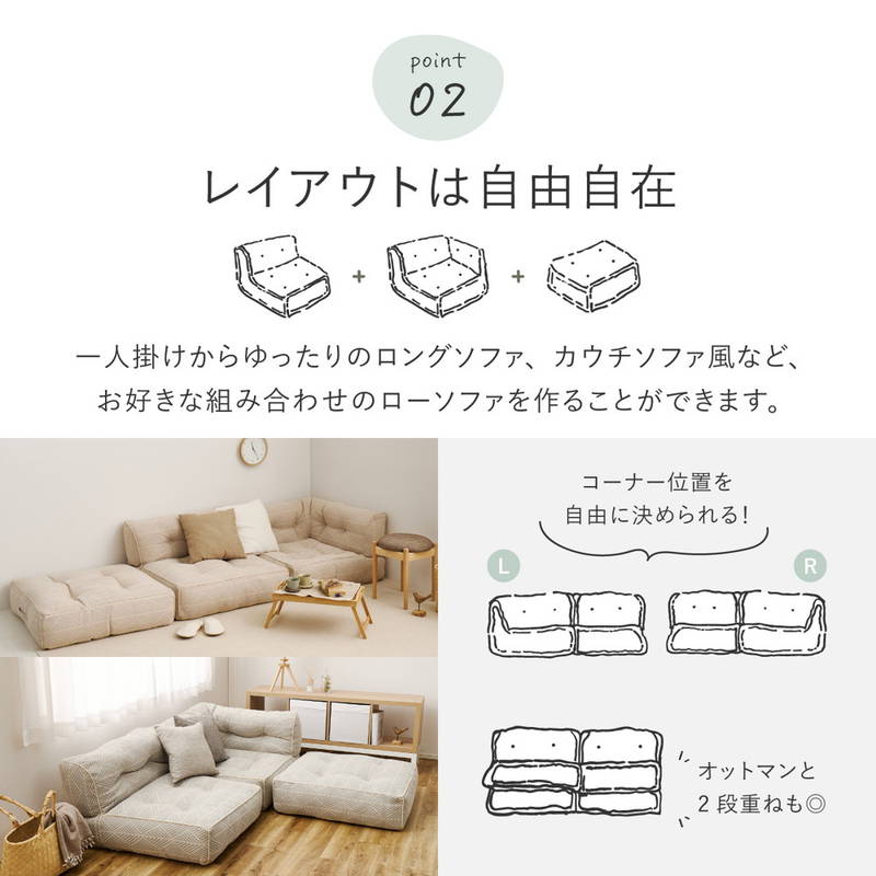 フロアソファ カウチソファ 1人掛けソファ 単品 Retoa 組み合わせソファー レイアウト自由 継ぎ足し可_9