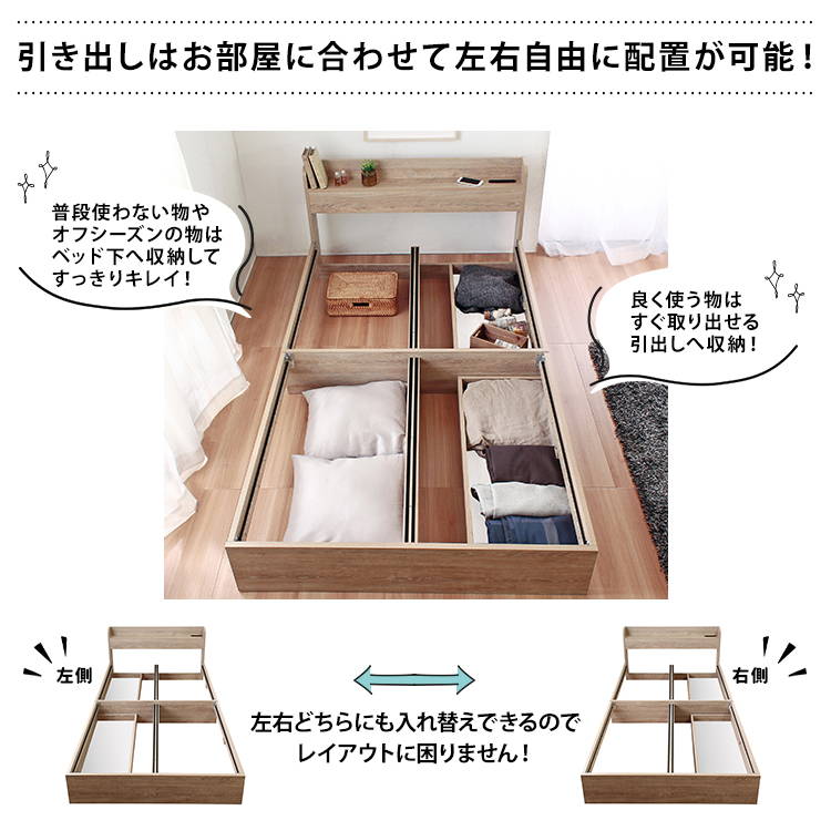 ベッド ベッドフレーム シングル おしゃれ 引き出し収納付き 宮棚 USBポート コンセント付き｜kanaemina-kagu｜05