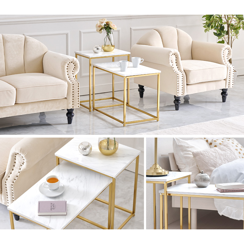 【直営店セール】ネストテーブル サイドテーブル 角型 大小2点セット ゴールドフレーム 大理石調 エレガントデザイン人気モデル