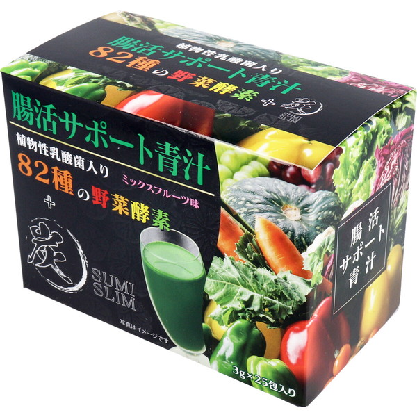 青汁 腸活サポート青汁 植物性乳酸菌入り 82種の野菜酵素+炭 ミックスフルーツ味 3g×25包入｜kanaemina