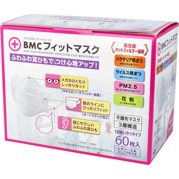 マスク 不織布 BMC フィットマスク 1日使い切りタイプ レディース&ジュニアサイズ 60枚入｜kanaemina