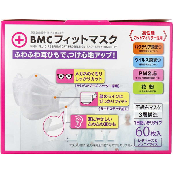 マスク 不織布 BMC フィットマスク 1日使い切りタイプ レディース&ジュニアサイズ 60枚入｜kanaemina｜02