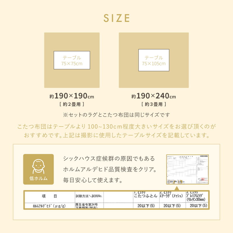 こたつ布団セット 掛け敷き布団 正方形 約60 75 80cm用 190x190cm