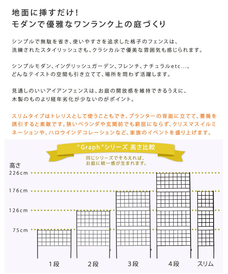 ガーデンフェンス アイアンフェンス DIY 挿し込み式 スリム ハイタイプ 幅42 高さ176cm 4枚 グラフ グリーンカーテン｜kanaemina｜04