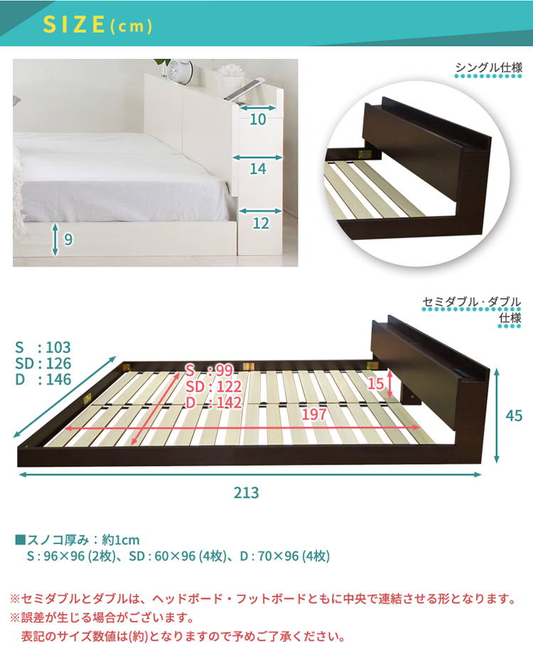 ベッド ベッドフレーム ダブル フロアベッド ロータイプ 宮棚 USBポート コンセント付き｜kanaemina｜14