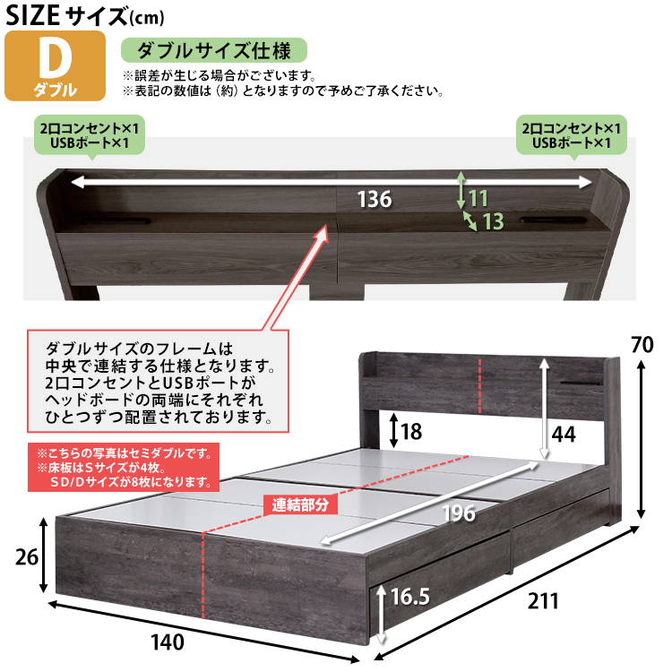 ベッド ベッドフレーム シングル おしゃれ 引き出し収納付き 宮棚 USB