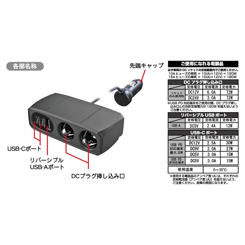 Kashimura シガーソケット変換アダプタ 2連 増設セパレート