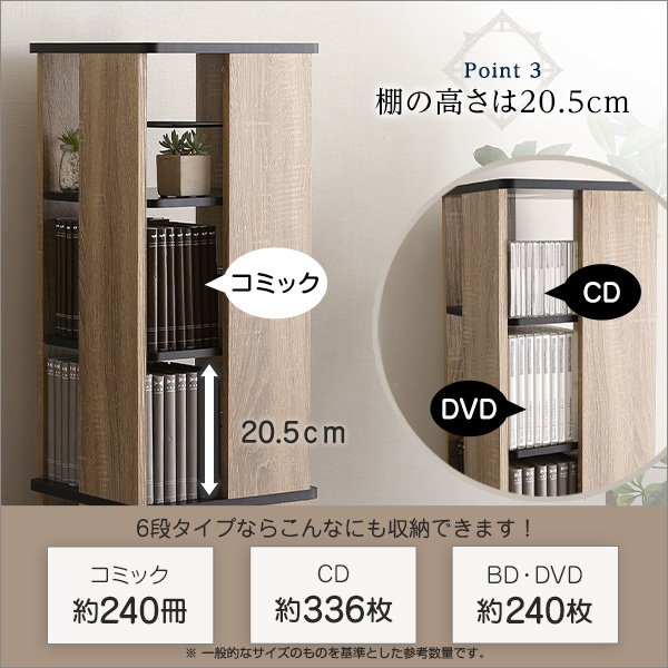 本棚 漫画本 コミックラック ブックラック 回転式 6段 4面収納 高さ137cm Kerbr おしゃれ ヴィンテージ調 木目