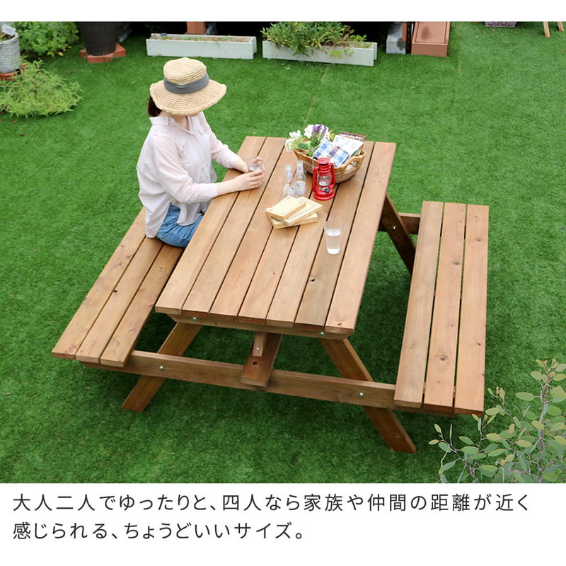 ガーデンテーブル 木製 天然木 日本製ひのき 一体型ピクニックテーブル 防腐・防蟻加工 ブラウン｜kanaemina｜06