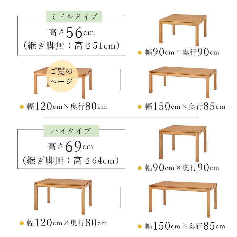 こたつテーブル ミドルタイプ 長方形 120×80cm 高さ51-56cm おしゃれ