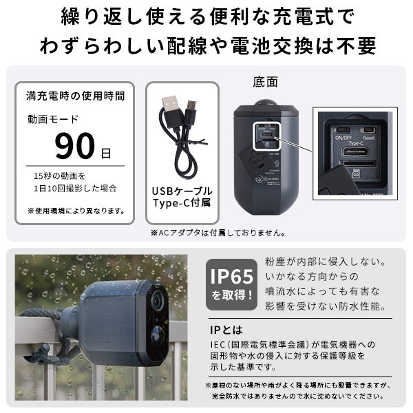 充電式スマホ連動センサーwi-fiカメラ 新品未使用！ RITEX スマホ連動 充電式どこでもセンサーWi-Fiカメラ C-RC7200