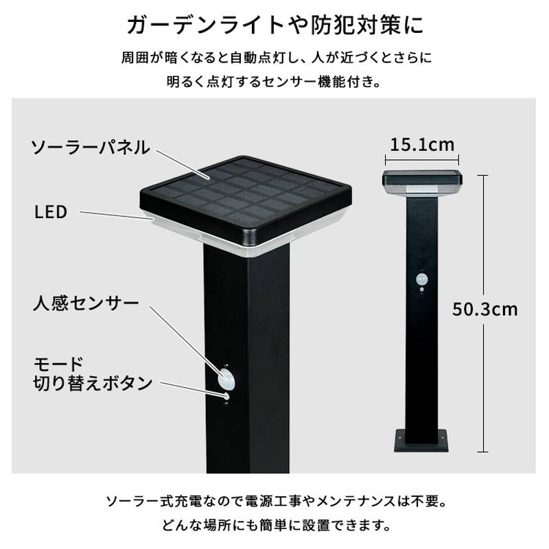 ガーデンライト ソーラー LED 人感センサーライト 7.5W角型 防犯 工事