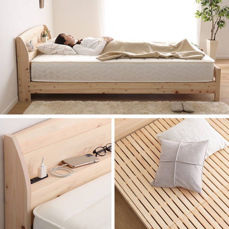 ひのきベッド ダブル 繊細すのこタイプ 国産ヒノキ使用 棚コンセント