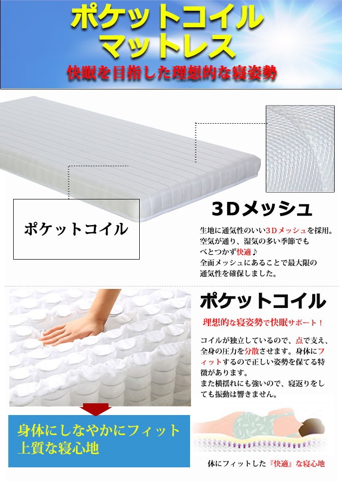 薄型マットレス シングルサイズ ポケットコイル 3Dメッシュ 厚み10cm